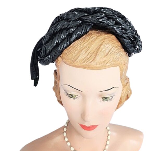 1950s Black Vintage Straw Band Cocktail Hat With Velvet Trim - Picture 2 of 7
